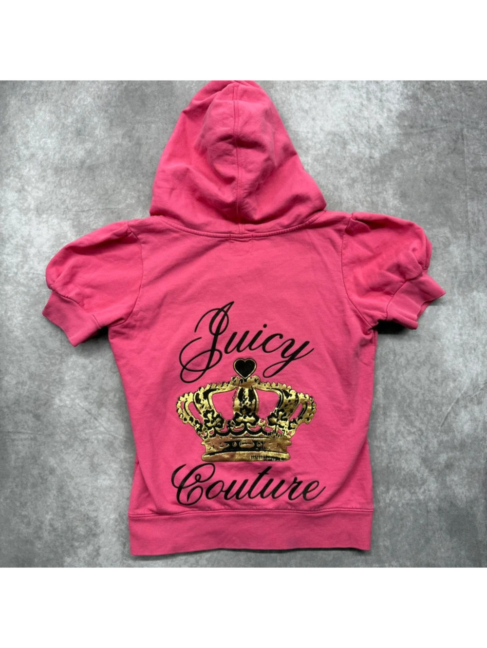 Vintage Y2K Juicy Couture Pink Short Sleeve Gold Crown Zip Hoodie XL USA